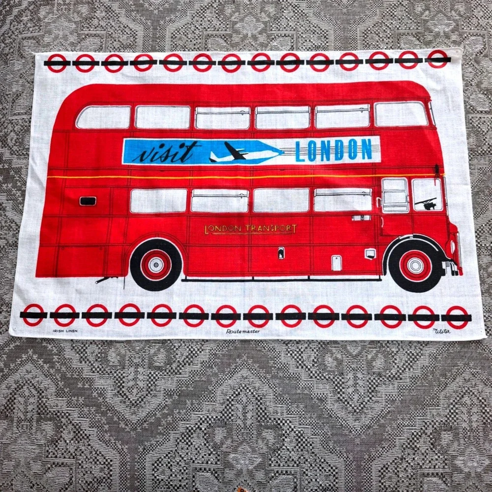 Vintage Ulster Irish Linen Tea Towel London Routemaster Bus Double Decker 21x30